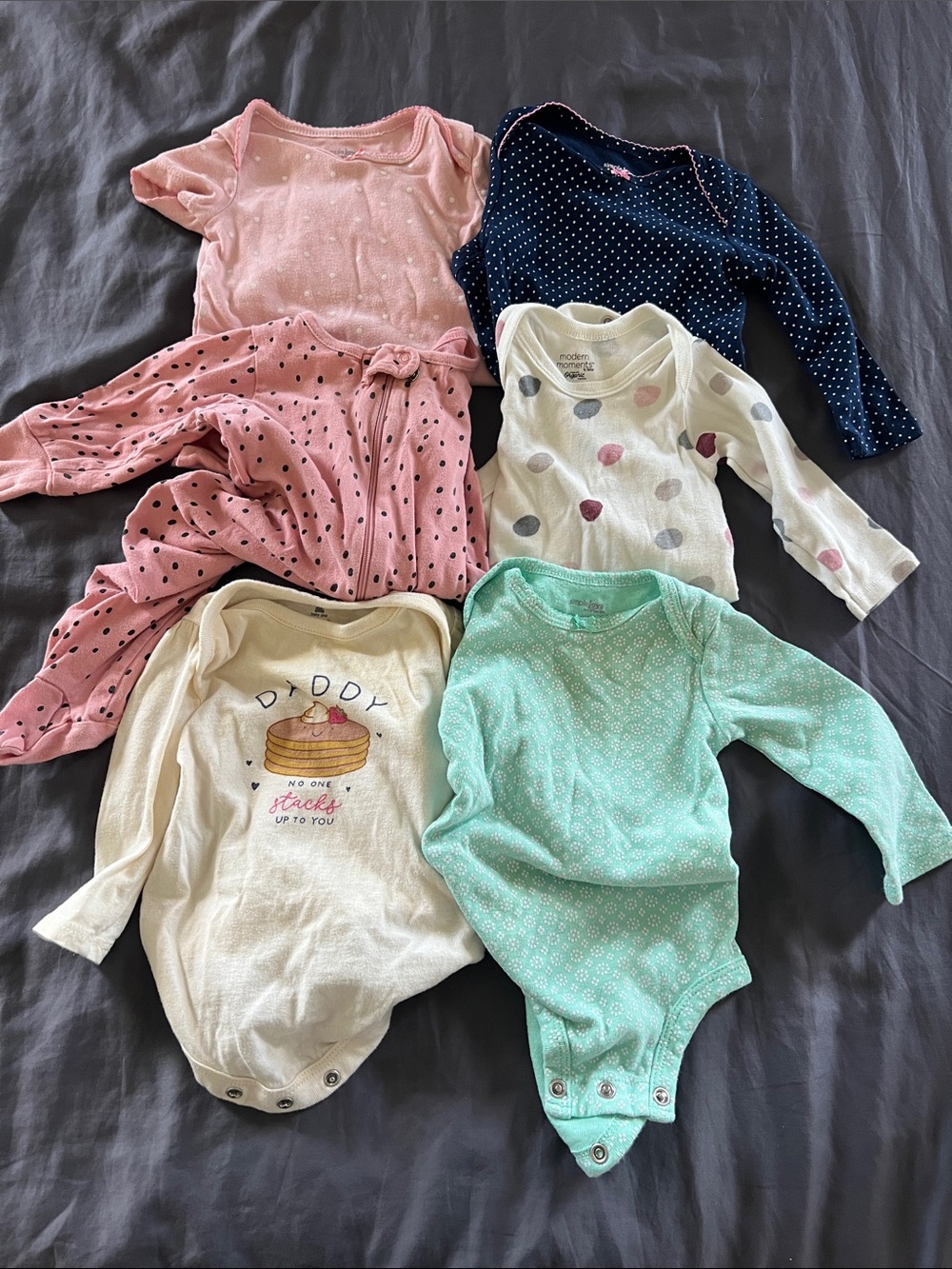 Lot of 6 baby girl 3-6 month onesies polka dot and funny pancake graphic
